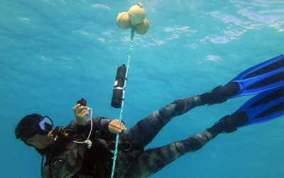 Research diver Mark Deakos photo-documents an acoustic monitoring receiver installed at French Frigate Shoals to track the movements of previously tagged sharks.